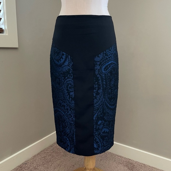 TED BAKER Carron Jaquard Panel Pencil Skirt Blue Black Wool Blend - Picture 2 of 11